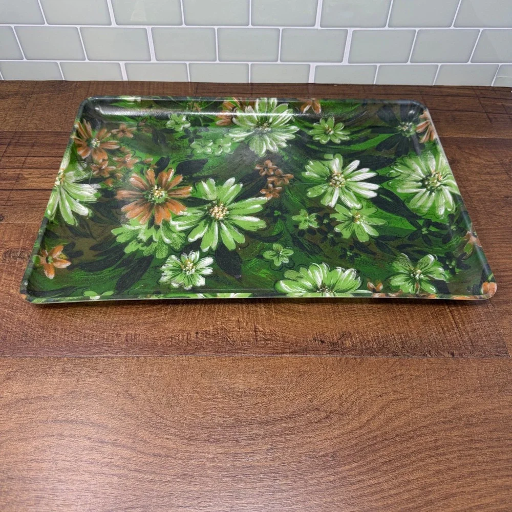 VTG 1960s MCM Fiberglass Floral Serving Tray 16x12 Green‎ Daisy Retro